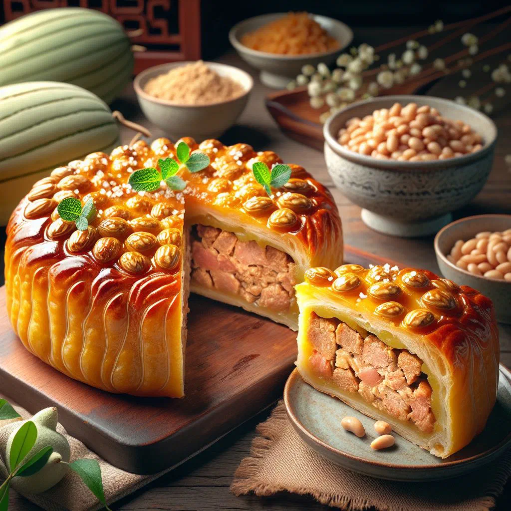 Golden Banh Pia pastries with a soft mung bean and durian filling