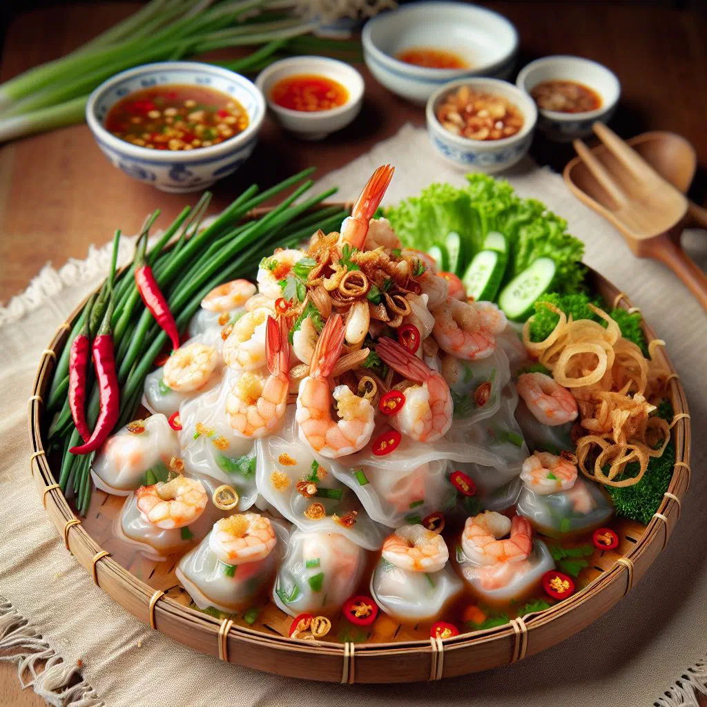 Steamed banh tam bot loc dumplings garnished with fresh herbs