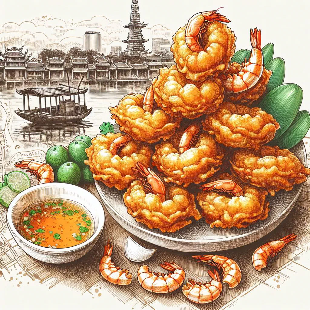Crispy Vietnamese prawn fritters served with fresh herbs and dipping sauce