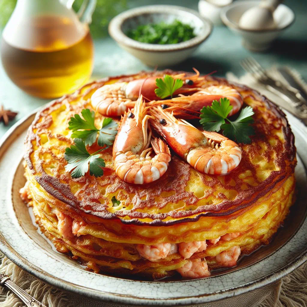 Crispy golden Banh Tom prawn and sweet potato fritters with fresh herbs and dipping sauce