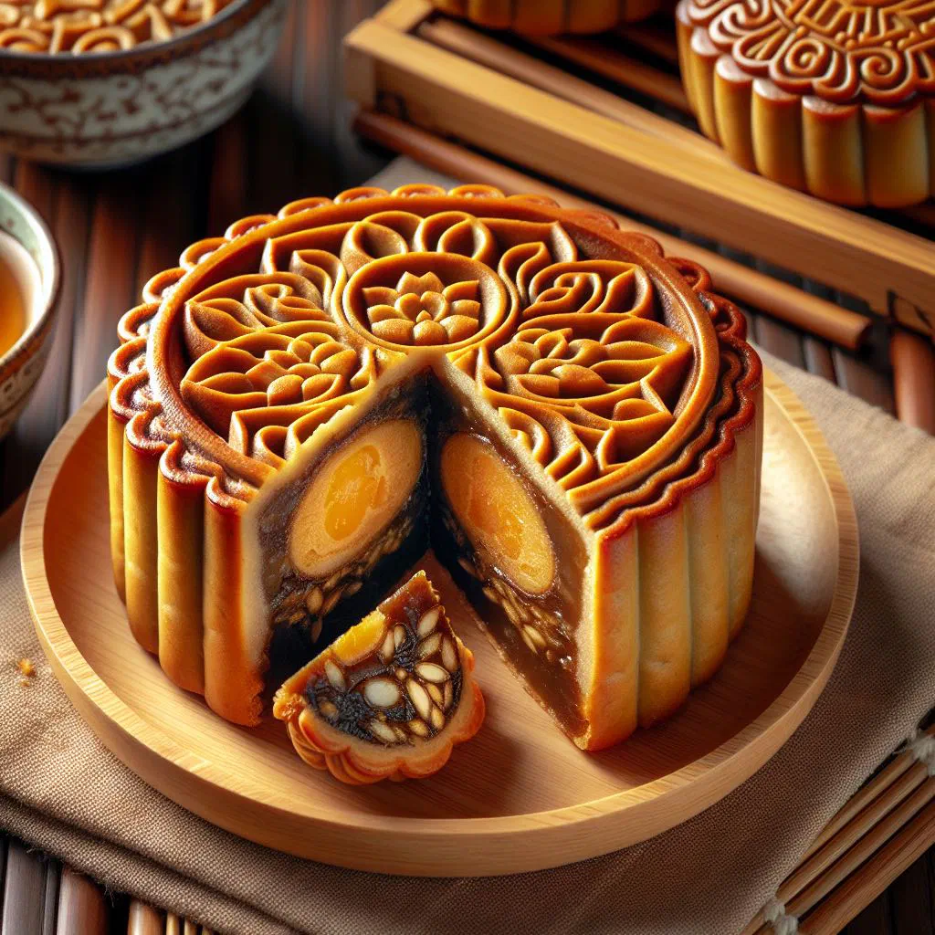 Vietnamese mooncakes with sweet filling on a serving plate