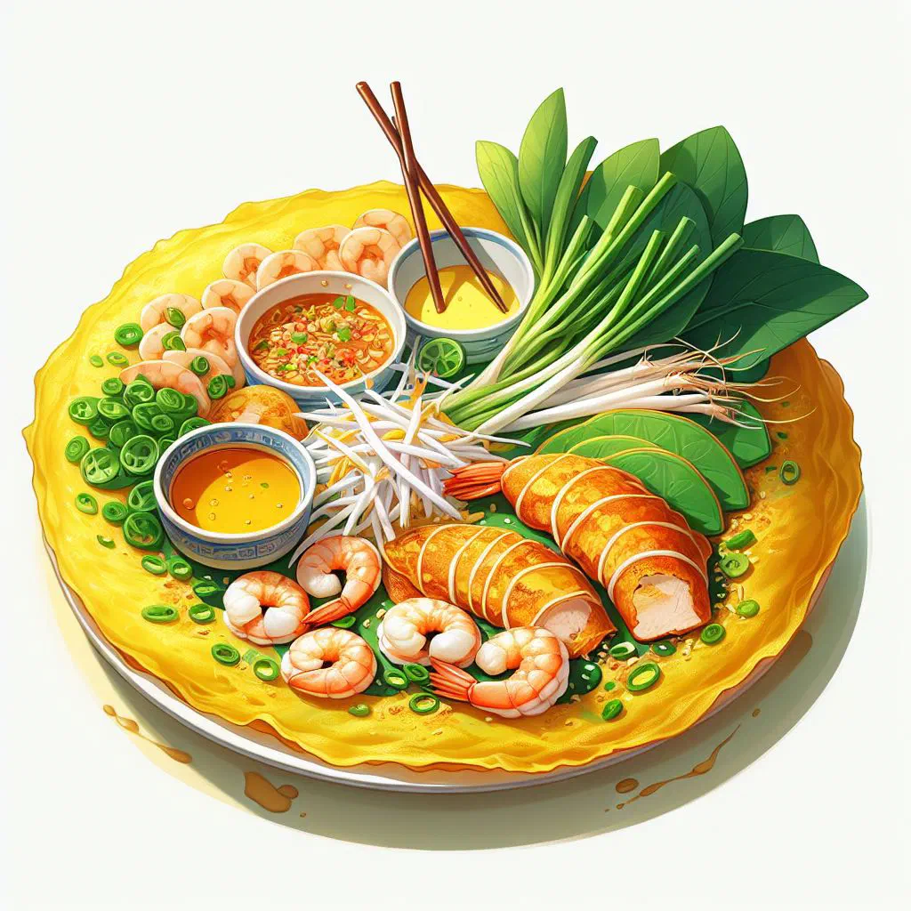 Crispy golden Banh Xeo Nam Bo pancake filled with prawns and bean sprouts