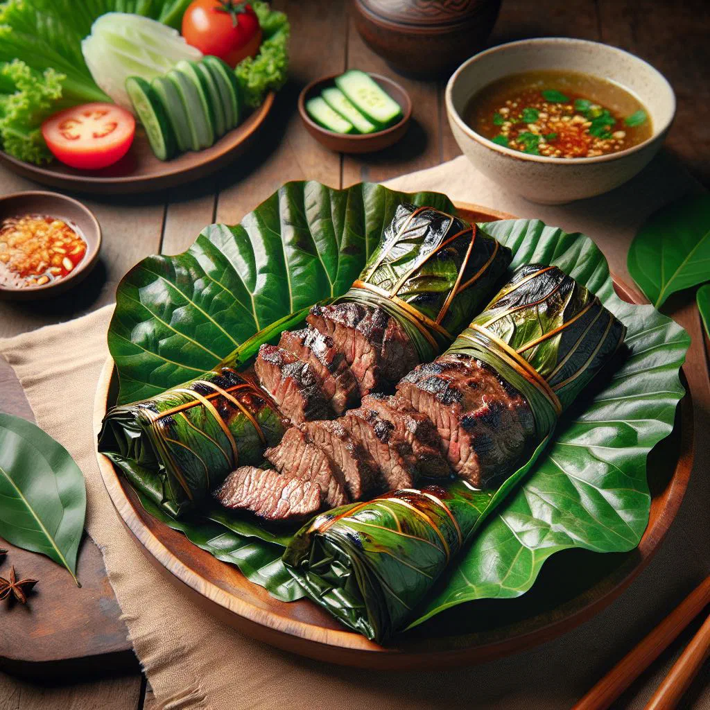 Grilled beef rolls wrapped in leaves, garnished with fresh herbs