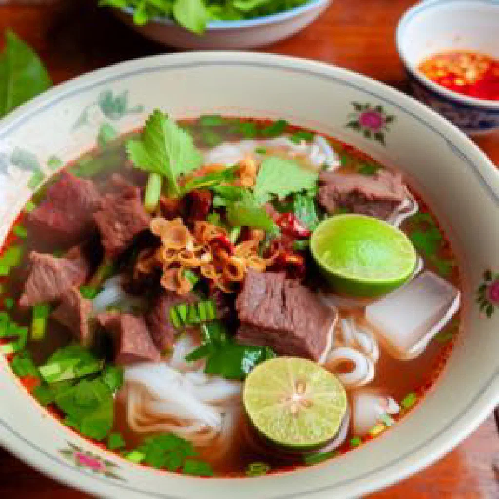A steaming bowl of bun bo hue with beef, rice noodles and fresh herbs