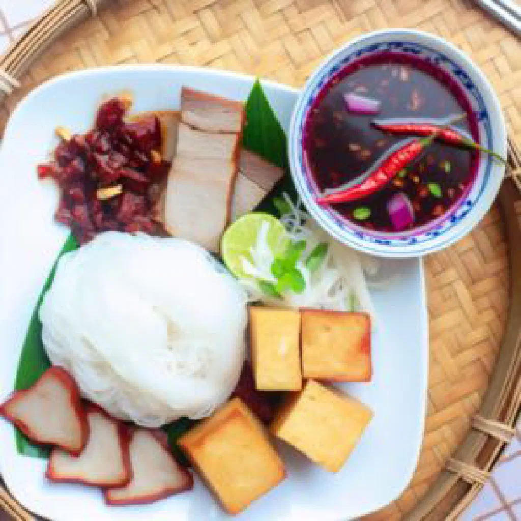 Bun dau mam tom platter with rice noodles, fried tofu and fermented shrimp paste