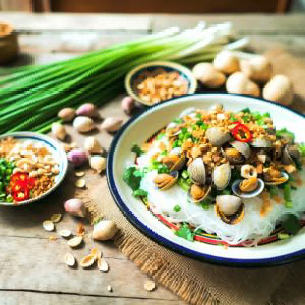 Bowl of bun hen rice noodle soup topped with fresh herbs and chopped peanuts
