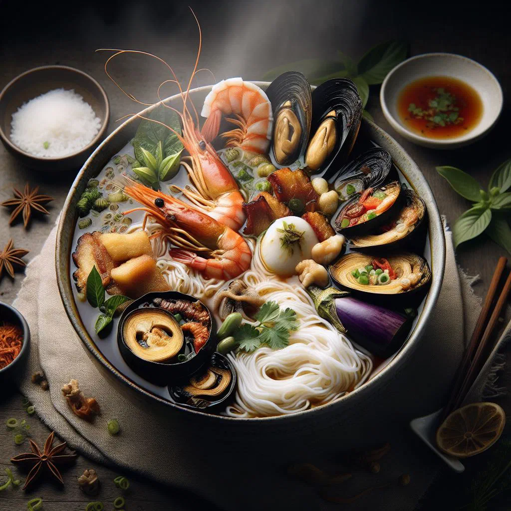 Bun mam noodle bowl with prawns, pork, fresh herbs and lime