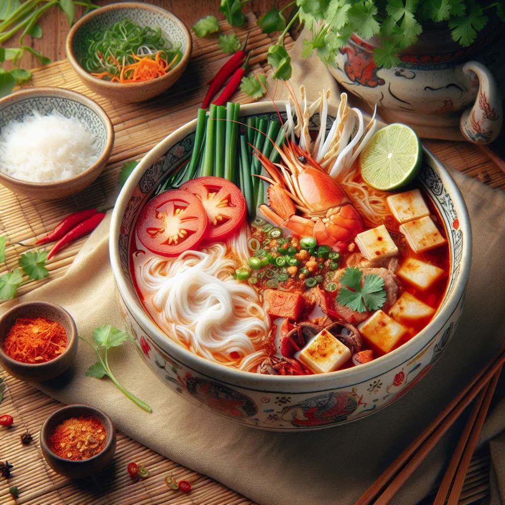 Bowl of bun rieu noodle soup with crab, tomato broth and fresh herbs