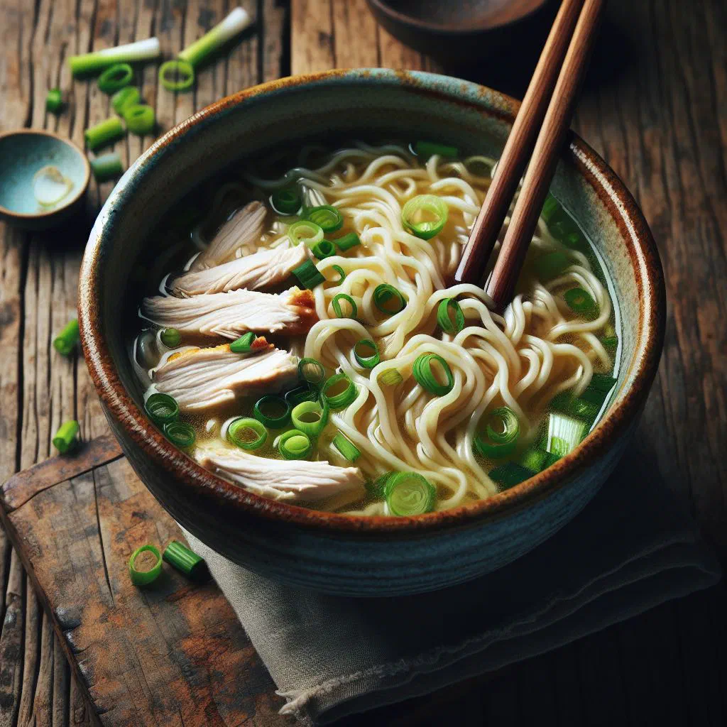 Bowl of Vietnamese bun thang noodle soup with chicken, egg strips and fresh herbs