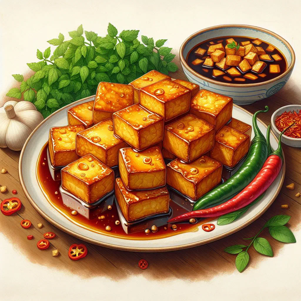 Caramelised fish simmered in soy sauce, garnished with fresh herbs and served with rice