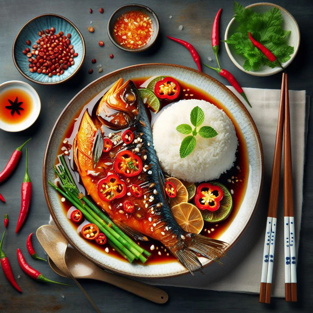 Pan-fried fish fillet in a glossy sweet-and-sour sauce with onion and fresh herbs