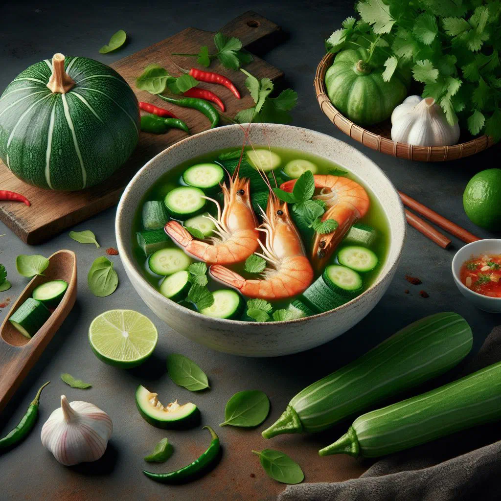 A clear Vietnamese prawn soup with green squash blossoms and fresh herbs in a bowl