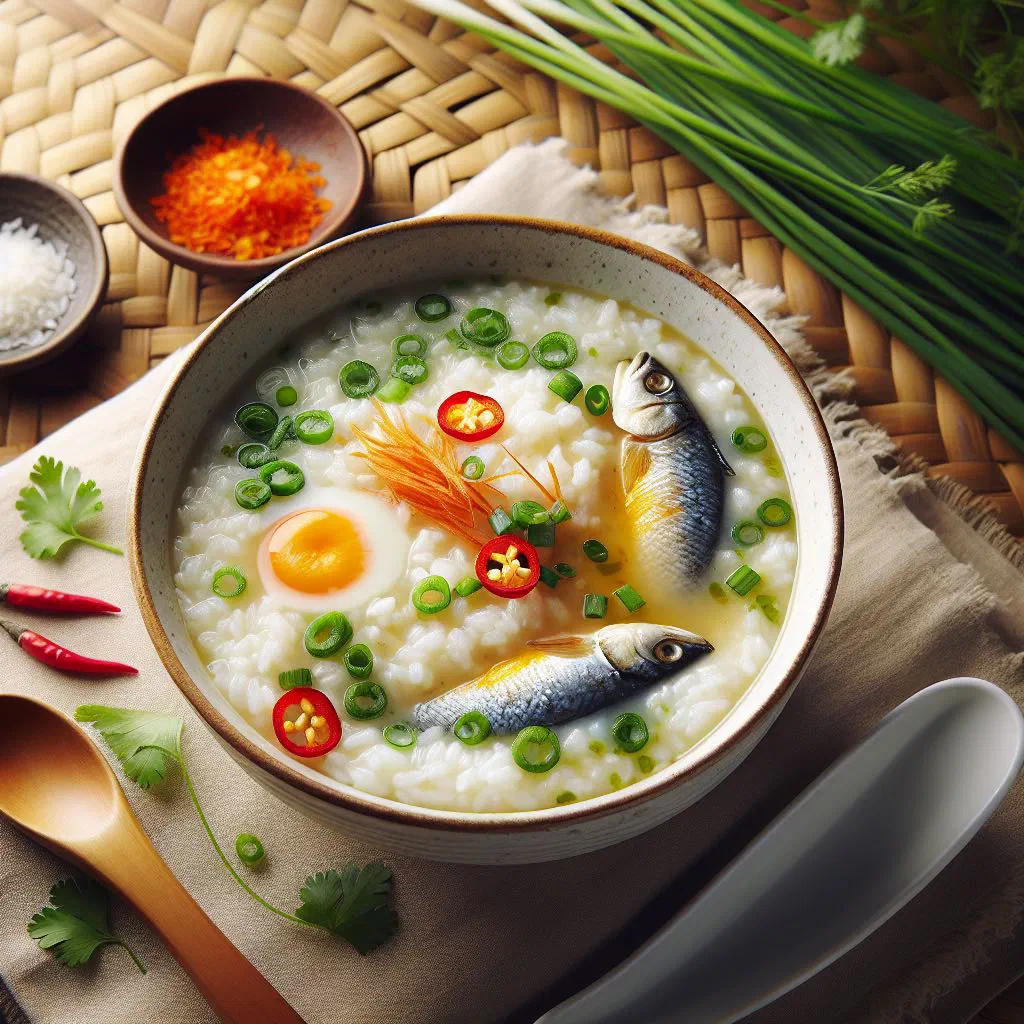 Bowl of Vietnamese chao ca fish rice porridge topped with coriander and lime