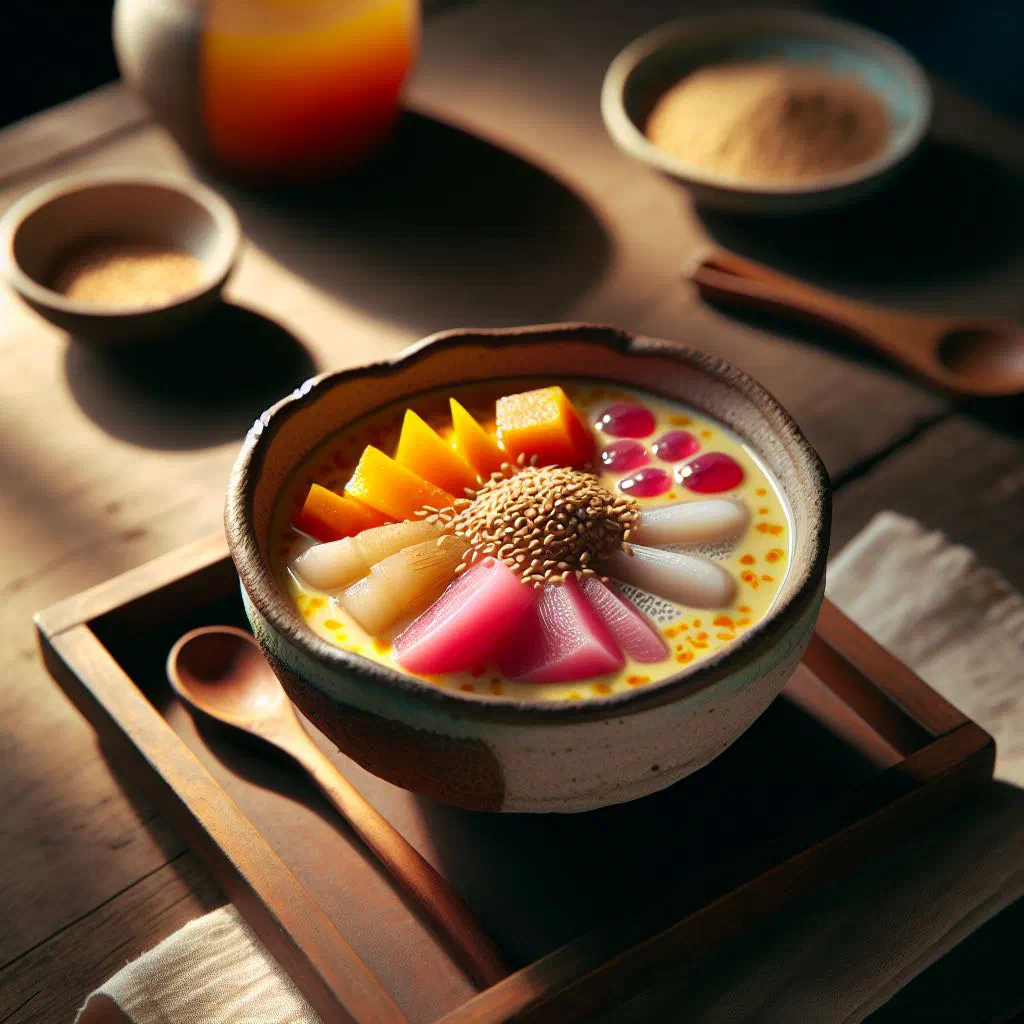 Bowl of che ba ba with sweet potato, yam and tapioca in coconut milk