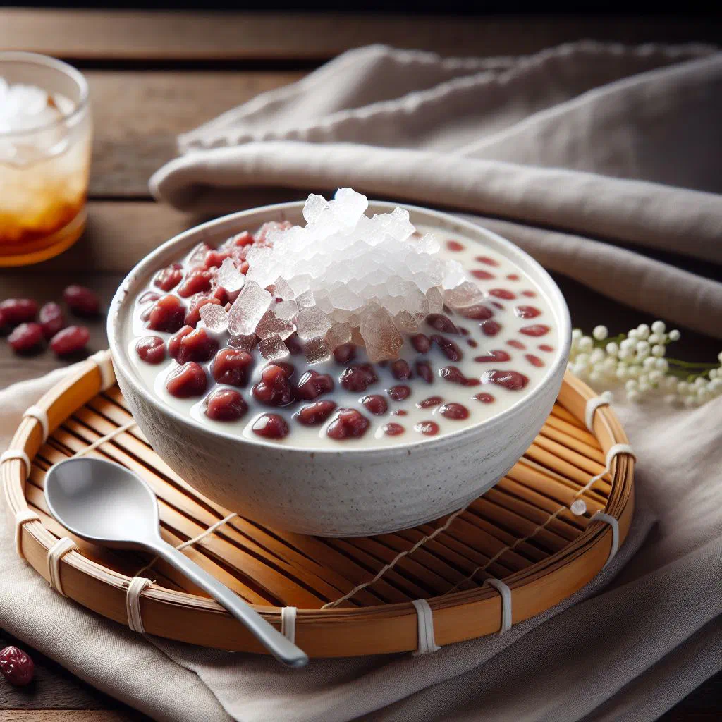 A bowl of Vietnamese red bean dessert with coconut milk and tapioca pearls