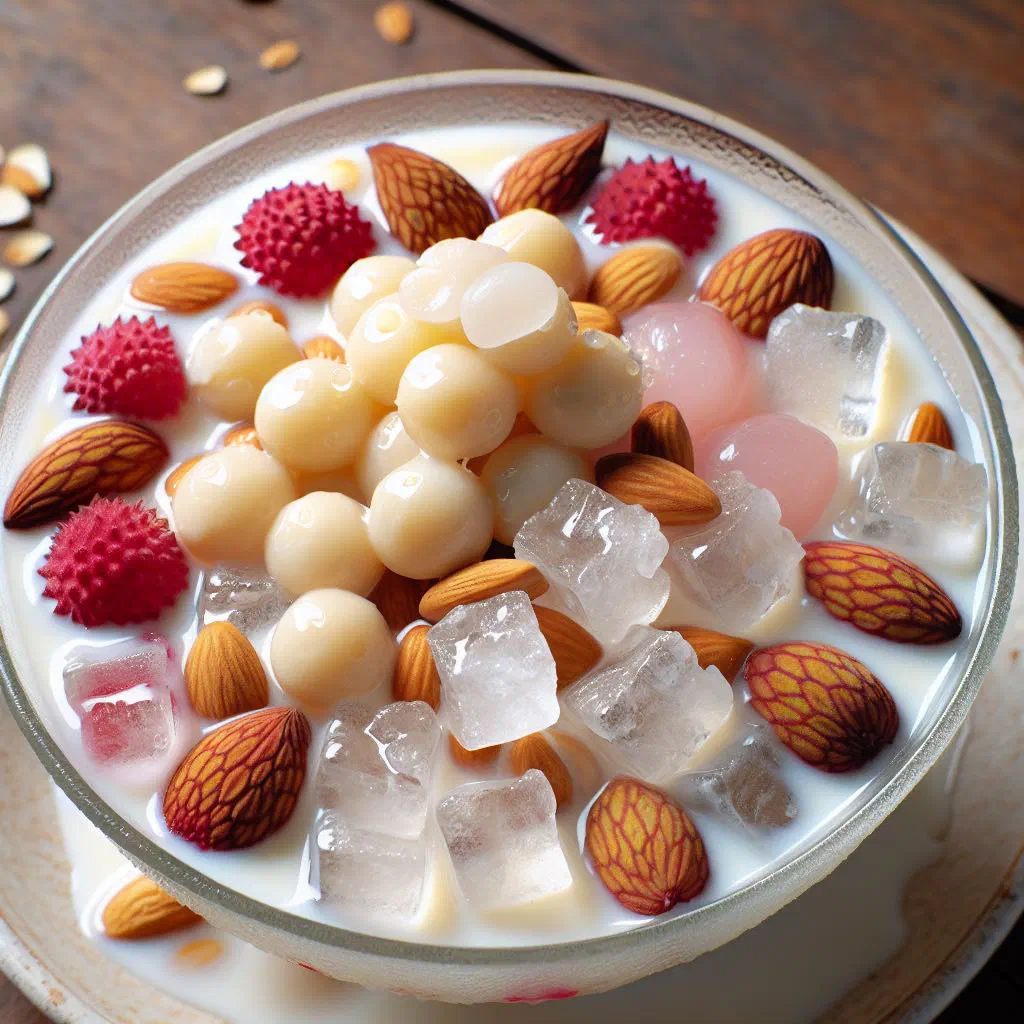 Che khuc bach almond jelly cubes in coconut cream with fresh fruit