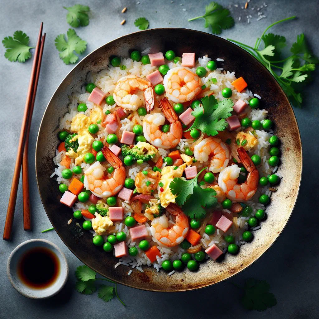 Vietnamese mixed fried rice with vegetables, egg and fresh herbs