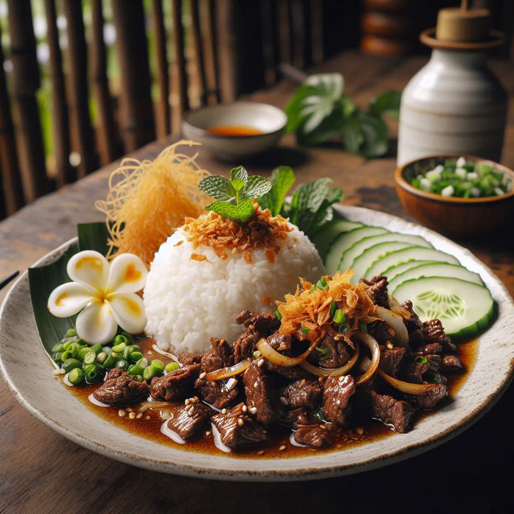 Vietnamese fried rice with beef and fresh vegetables garnished with herbs