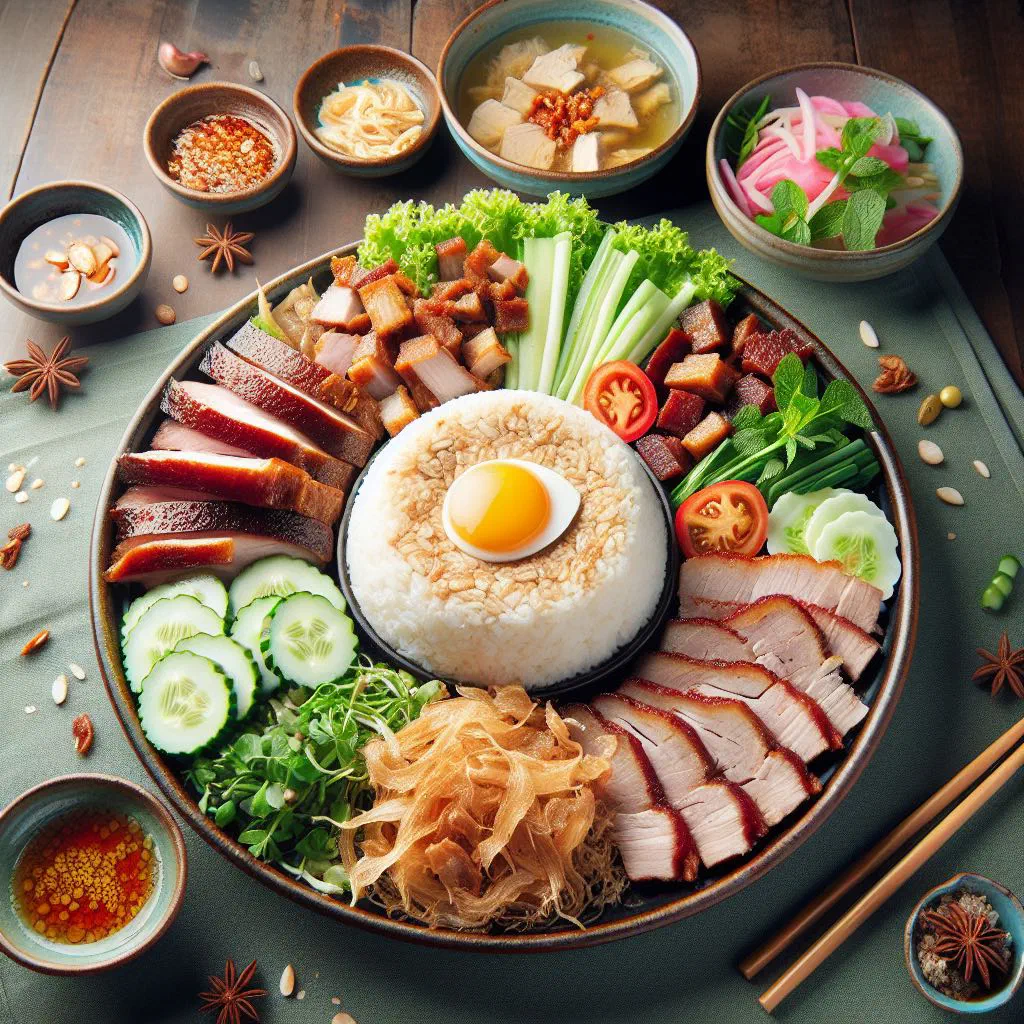 Com tam suon bi cha with grilled pork chop on broken rice and fresh herbs