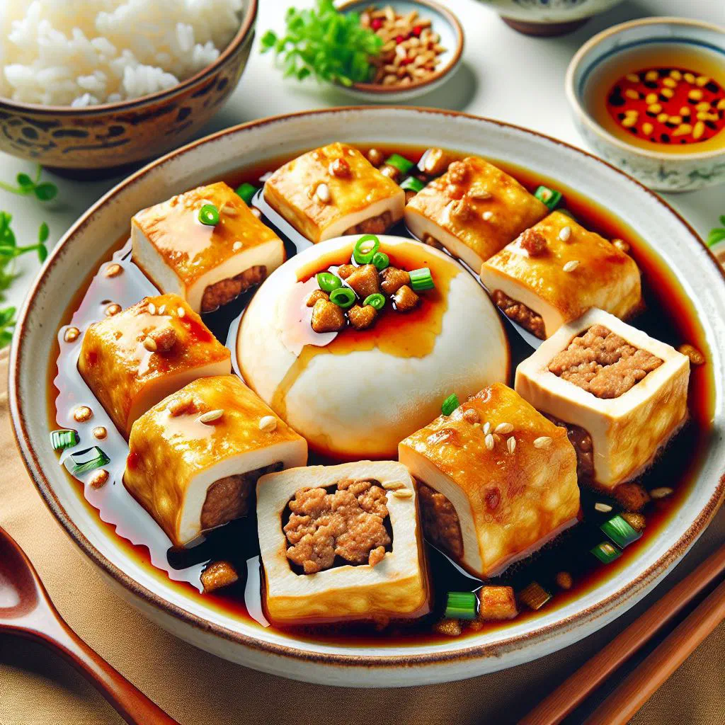 Golden pan-fried tofu cubes stuffed with seasoned minced pork and garnished with fresh coriander