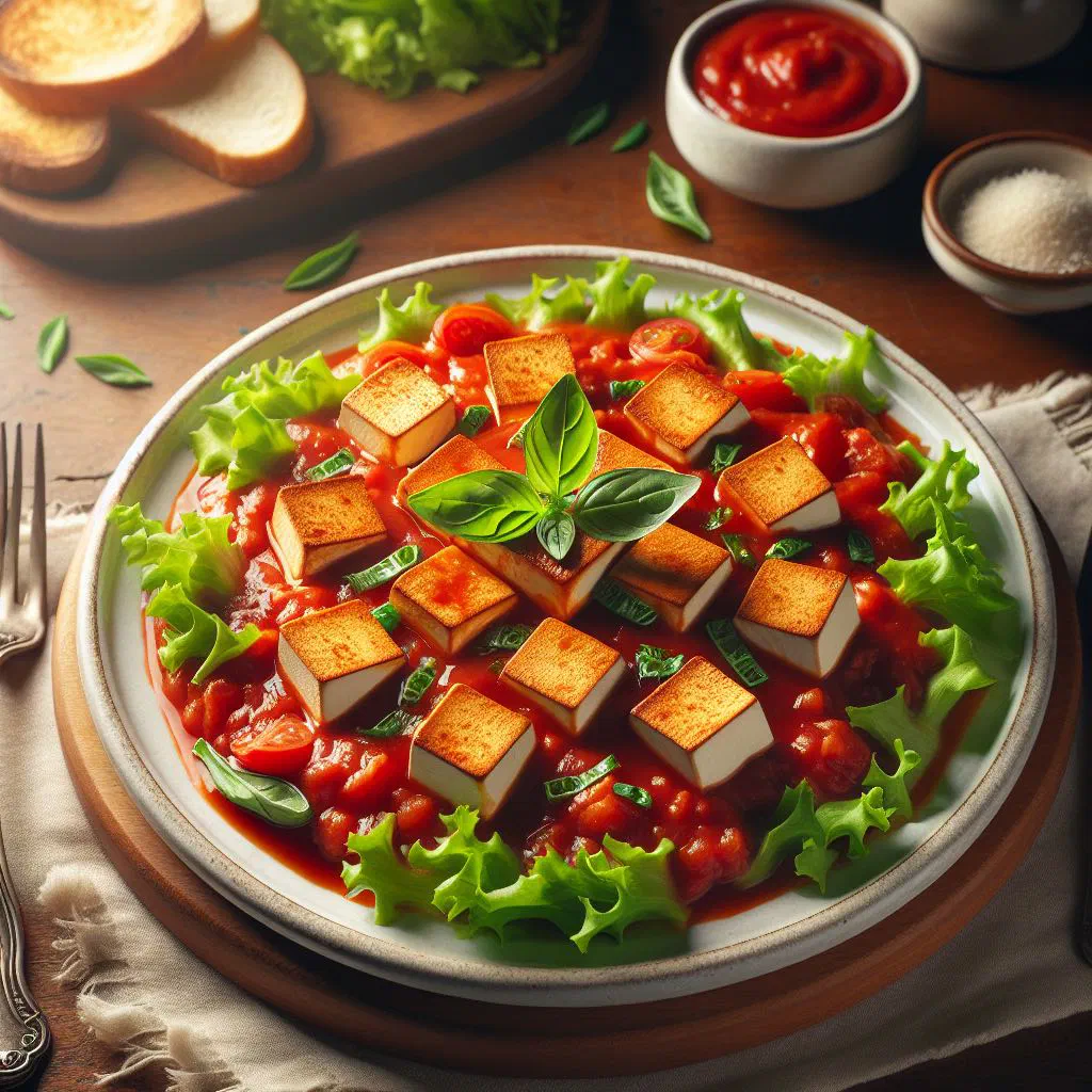 Soft tofu simmered in a rich tomato sauce, garnished with fresh coriander