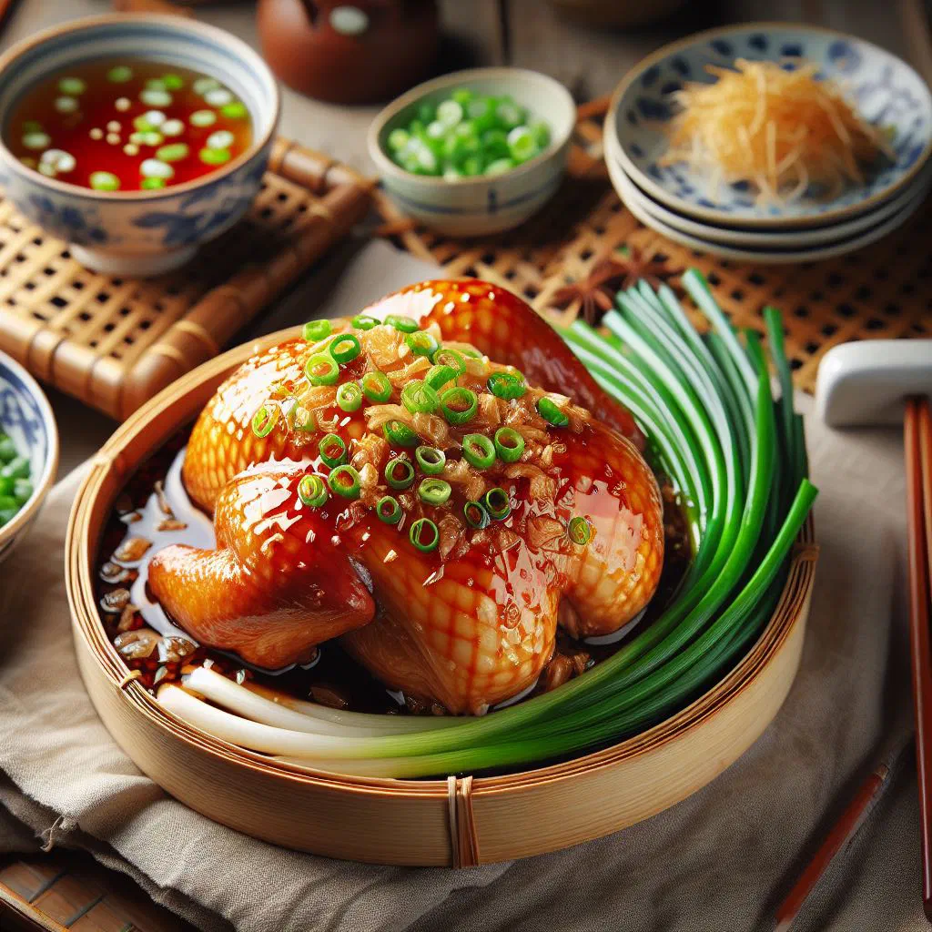 Steamed chicken with fresh herbs, chilli and lime