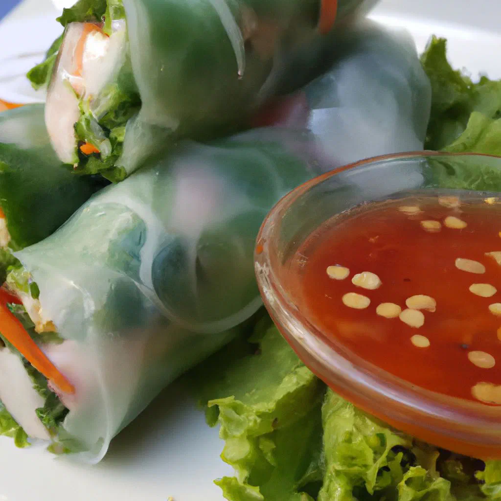 Fresh Vietnamese summer rolls in rice paper with herbs and vegetables