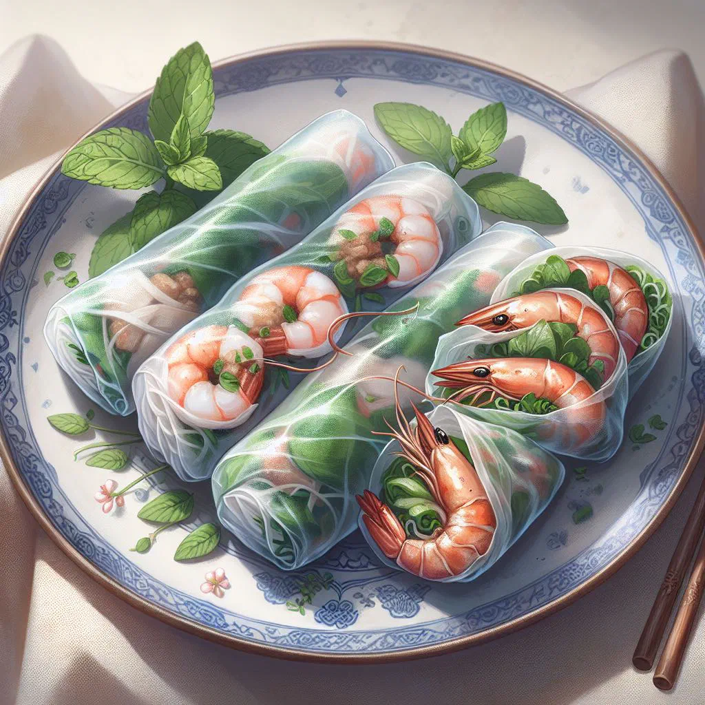 Fresh Vietnamese rice paper rolls with prawns, pork and herbs served with dipping sauce