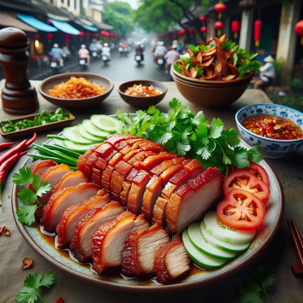 Sliced Heo Quay crispy roast pork belly with golden crackling skin