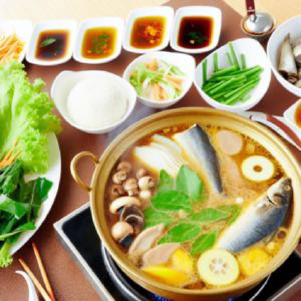 Vietnamese lau ca fish hotpot simmering with fresh herbs and vegetables