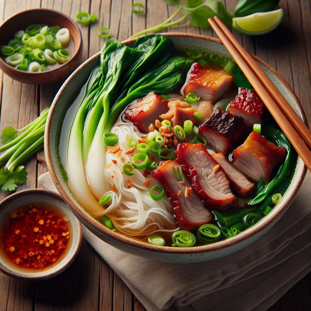 Vietnamese wonton noodle soup with wontons, greens and fresh coriander