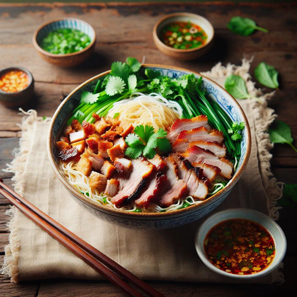 Mi thit quay with crispy roasted meat, rice noodles and fresh herbs