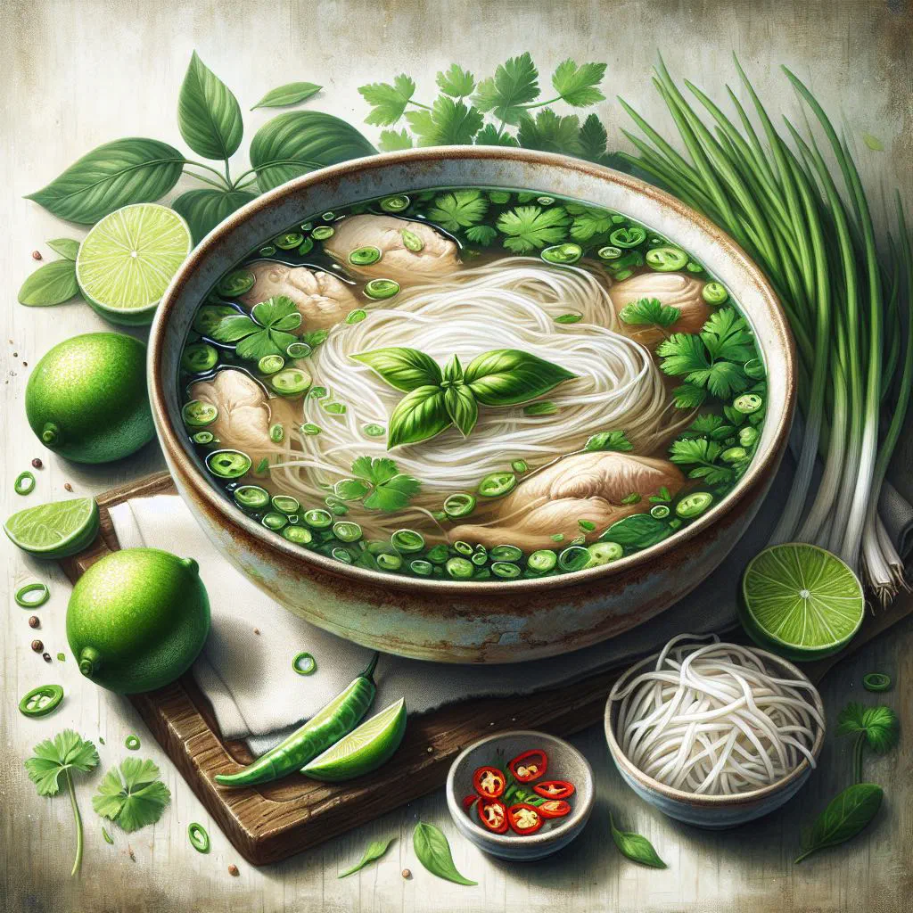 Bowl of pho ga chicken noodle soup with fresh herbs and lime