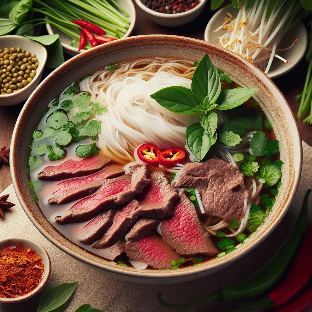 A steaming bowl of pho tai with rare beef, rice noodles and fresh herbs