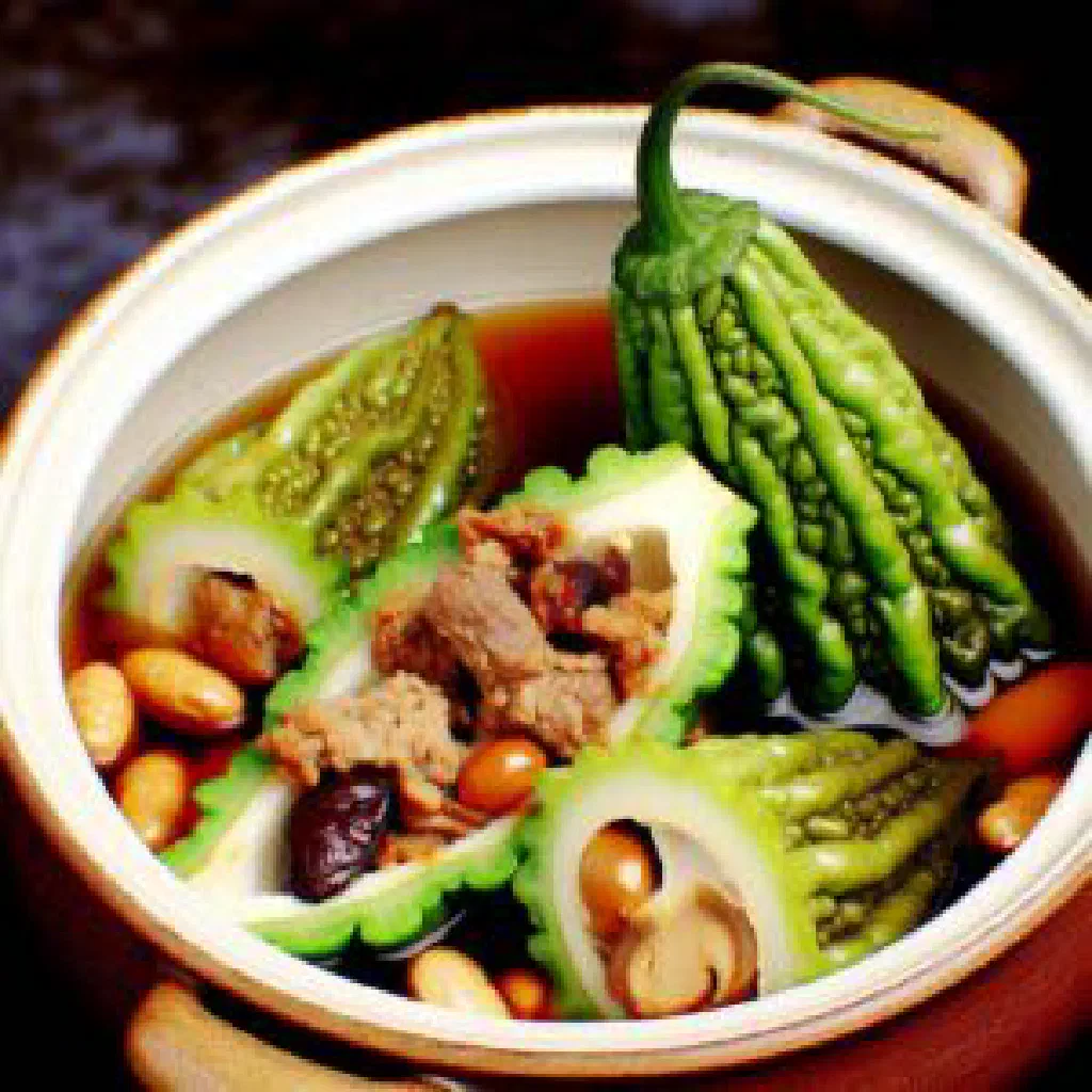Stuffed bitter melon simmered with seasoned pork, garnished with fresh herbs