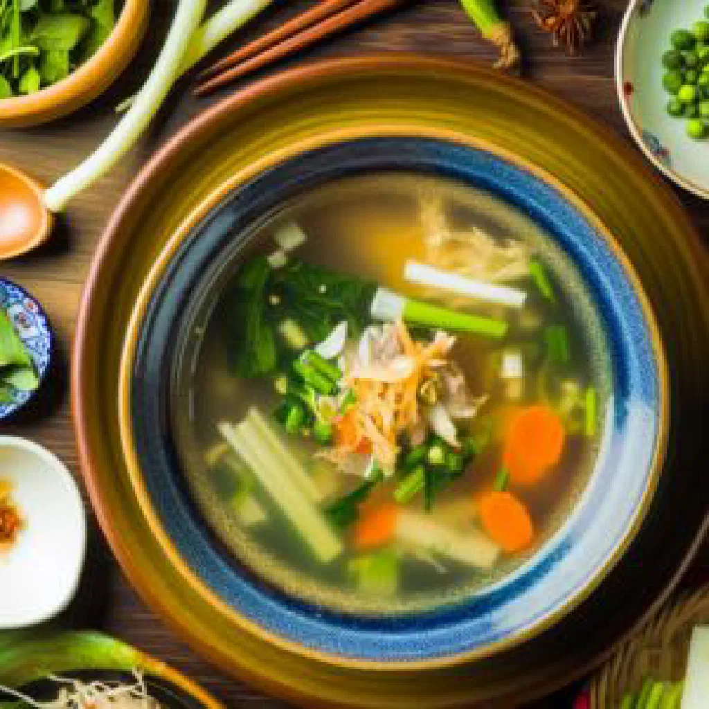 A steaming bowl of Sup Bong with rice noodles and fresh herbs