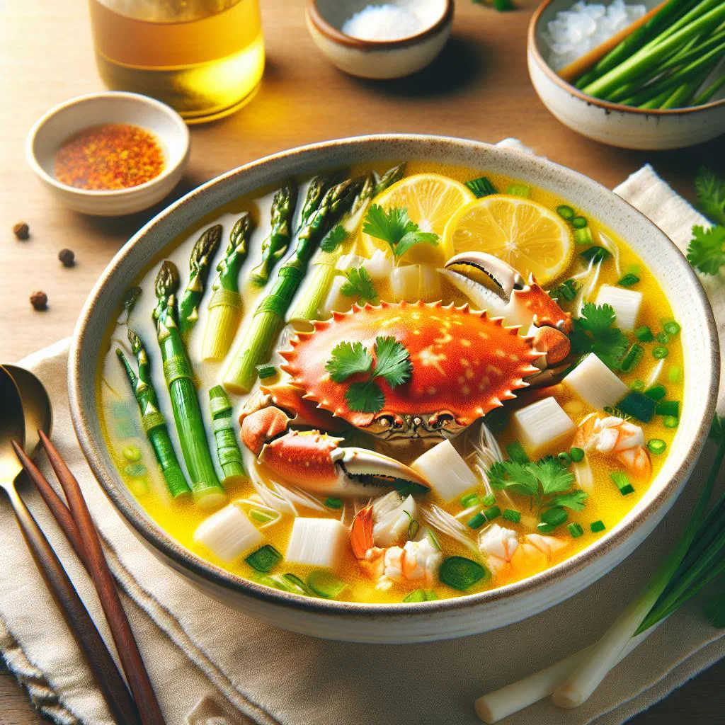 A bowl of Vietnamese asparagus and crab soup garnished with fresh herbs