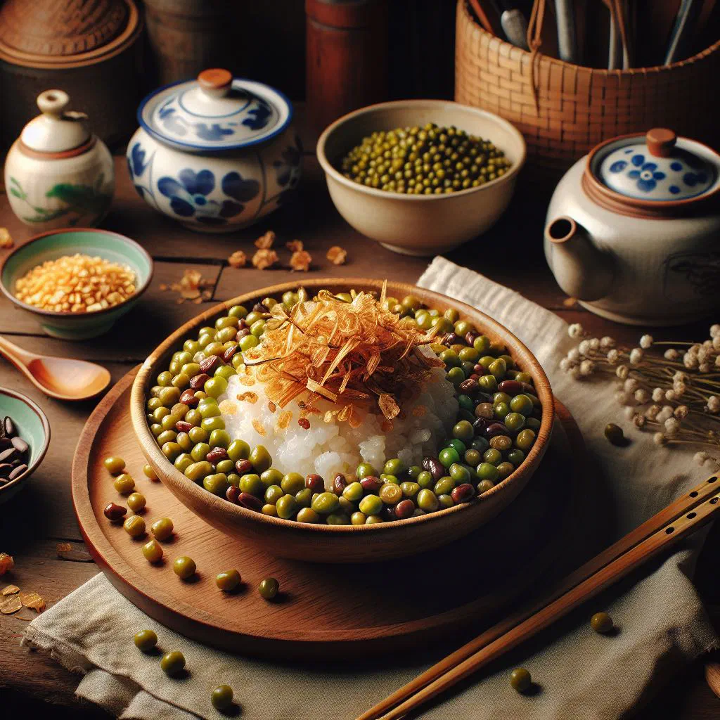 Sticky rice with mung beans, coconut milk and toasted sesame on a plate