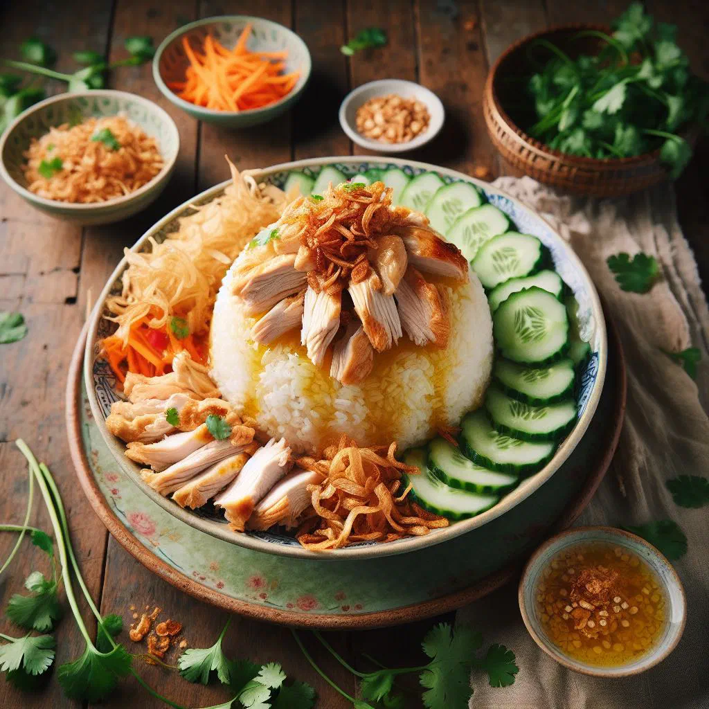 Vietnamese xôi gà with steamed sticky rice, shredded chicken and fresh herbs
