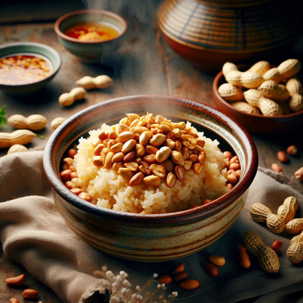 A bowl of sticky rice studded with roasted peanuts, served on a banana leaf