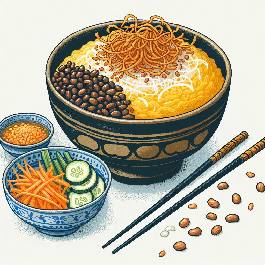 Golden turmeric sticky rice topped with mung bean paste and crushed peanuts