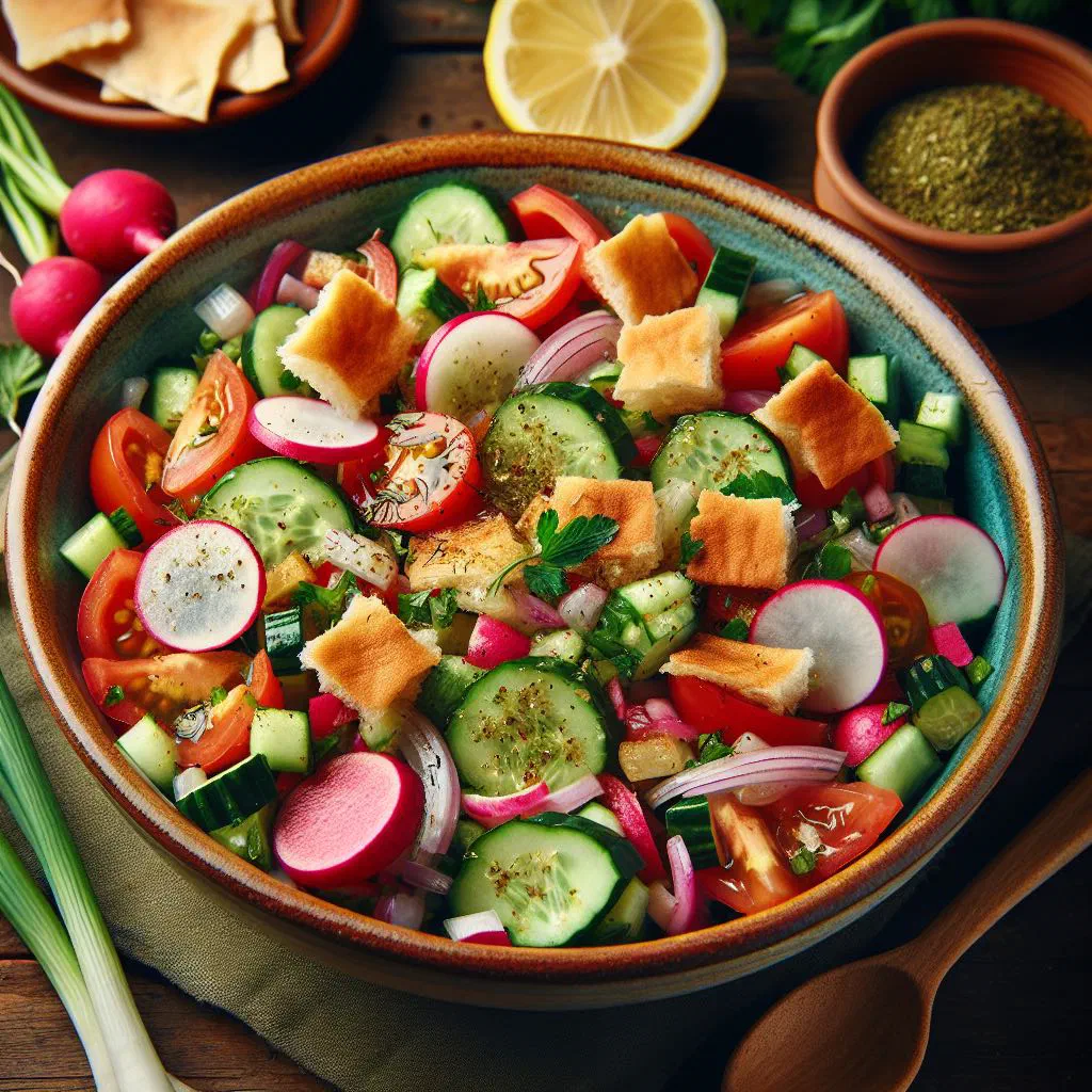 Colourful fattoush salad with crisp vegetables, herbs and toasted flatbread
