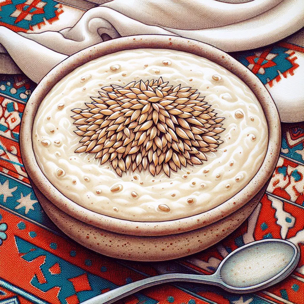 Bowl of creamy hareesah wheat and meat porridge topped with melted ghee