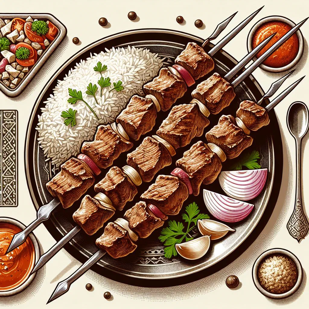 Grilled Yemeni lamb skewers served with flatbread and spicy sauce
