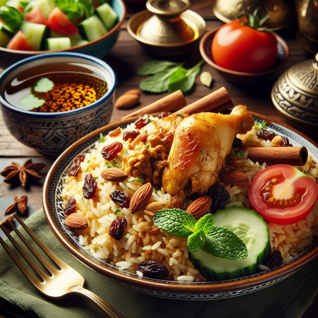 Yemeni kabsa with spiced rice and tender meat on a large platter