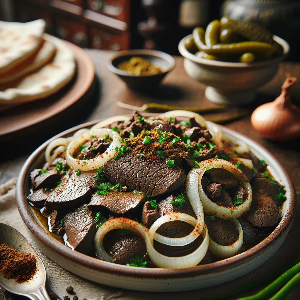 Spiced Yemeni kibda liver served with fresh flatbread and herbs