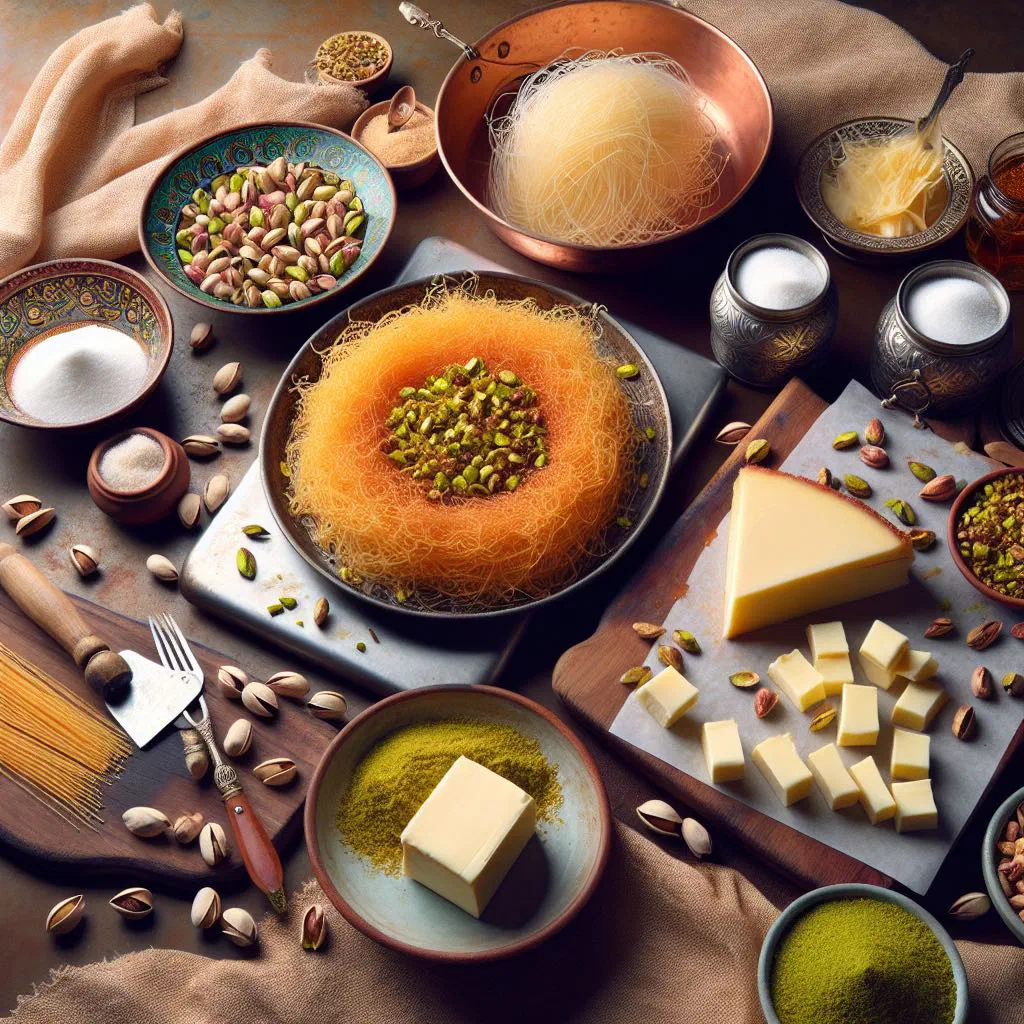 Golden kunafa topped with chopped pistachios and drizzled with sugar syrup