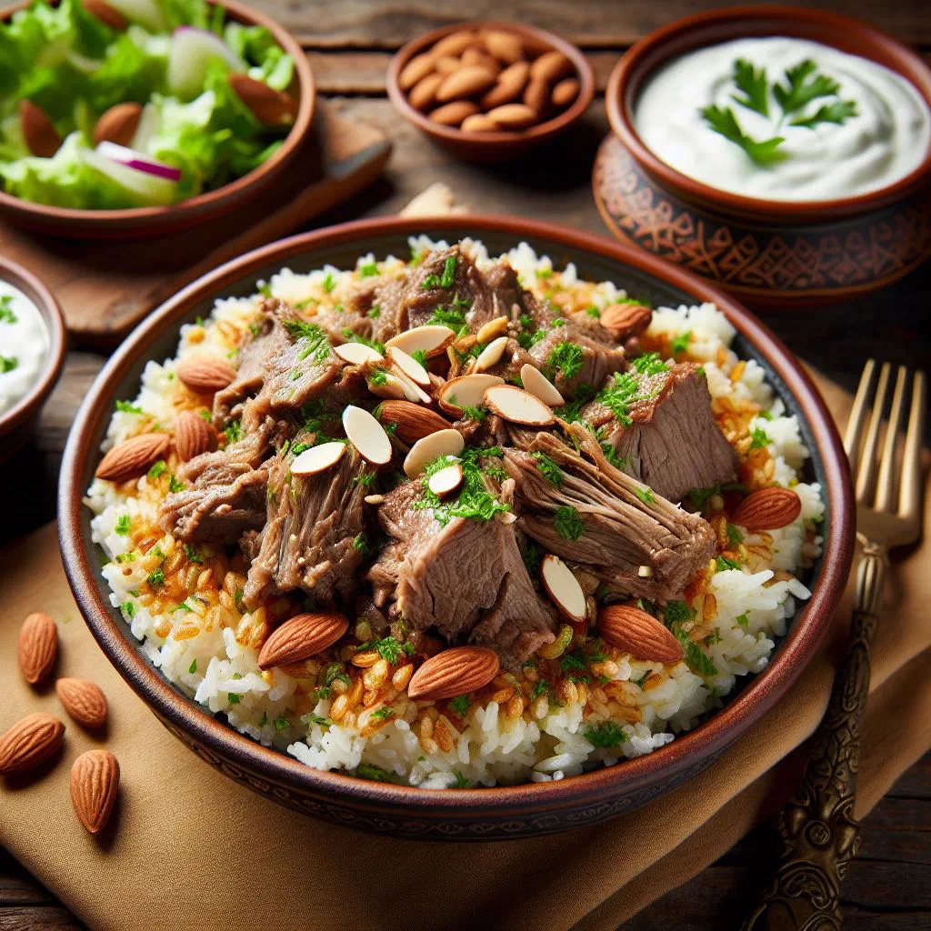 Yemeni madfoon rice with tender spiced meat served in a decorated dish