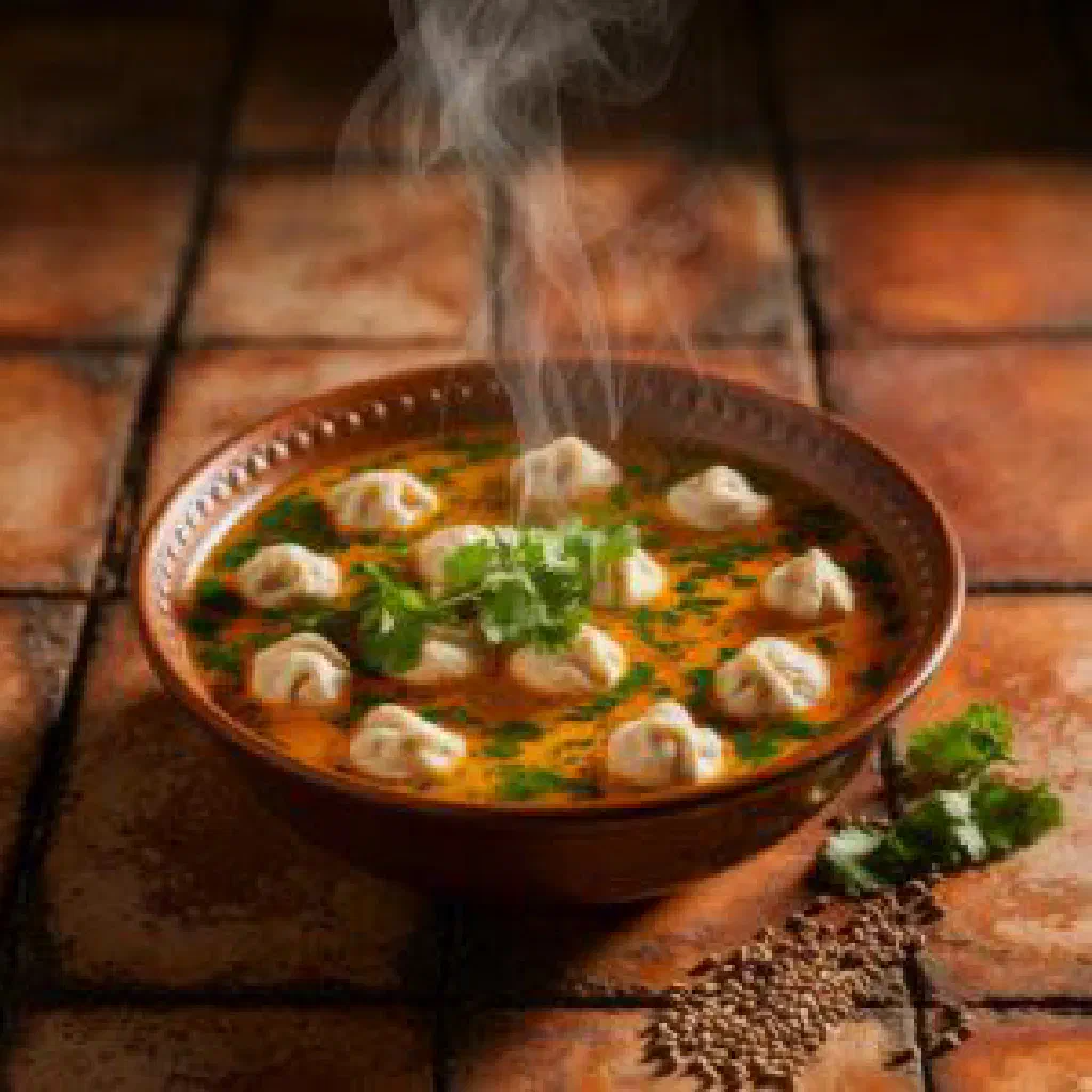 A steaming bowl of Yemeni marak with tender meat and fresh herbs