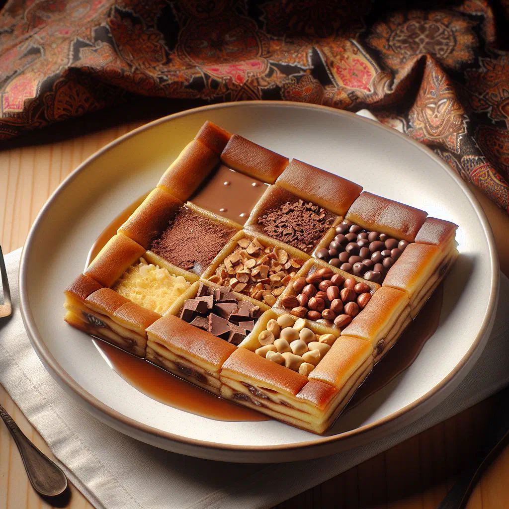 Golden pan-fried martabak stuffed flatbread cut into pieces